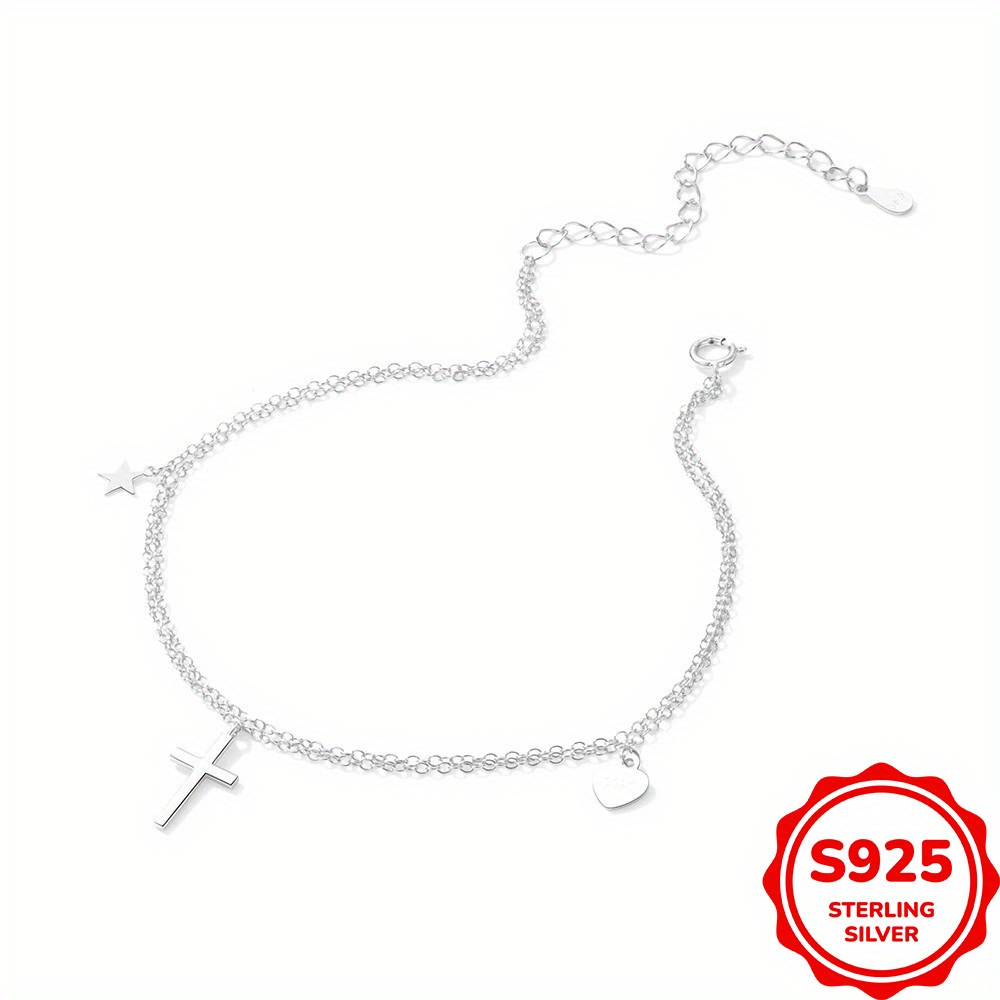 S925 Sterling Silver Ankle Bracelet with Double Layer Chain for Summer
